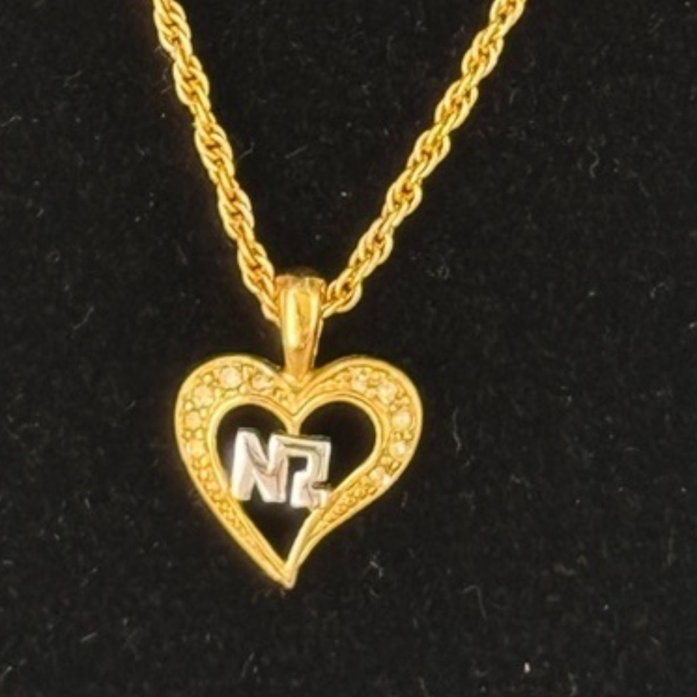 Vintage Nina Ricci Gold Heart Rhinestone NR Logo Pendant Necklace
